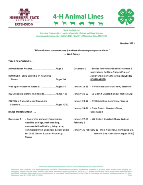 October 2021- 4-H Animal Lines | Mississippi State University Extension